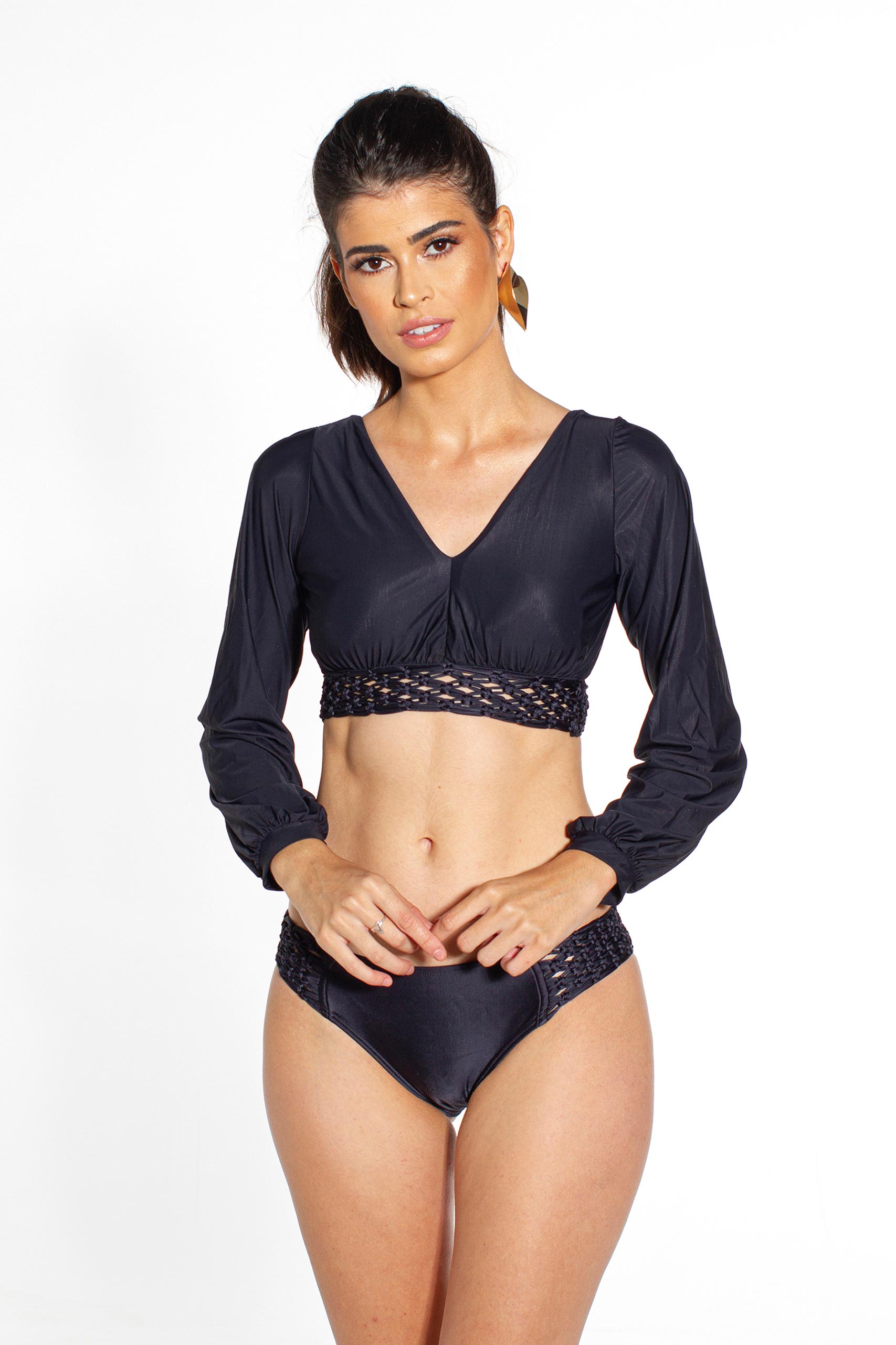 Top Bufante Macrame Preto